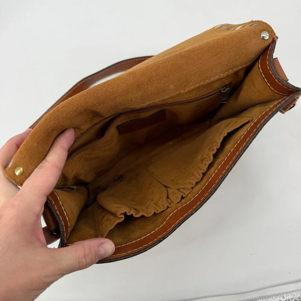 Patricia Nash Brown Italian Leather Studded Flap Crossbody Messenger Bag